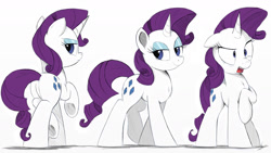 Size: 1280x720 | Tagged: safe, artist:ncmares, edit, imported from derpibooru, rarity, pony, unicorn, butt, chest fluff, colored, cringing, disgusted, dock, eyeshadow, featureless crotch, female, glare, lidded eyes, looking at you, looking back, looking back at you, makeup, open mouth, plot, raised hoof, raised leg, rear view, simple background, sketch, solo, white background