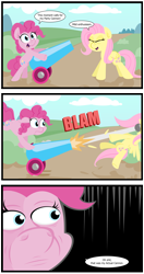 Size: 3024x5712 | Tagged: dead source, safe, artist:jittery-the-dragon, imported from derpibooru, fluttershy, pinkie pie, earth pony, pegasus, pony, cannon, cannonball, cartoon violence, comic, duo, eyes closed, female, floppy ears, frown, grimderp, mare, oh shit, open mouth, smiling, this will end in death, this will end in tears, this will end in tears and/or death, throwing things at fluttershy, vulgar, wat, wide eyes, yay