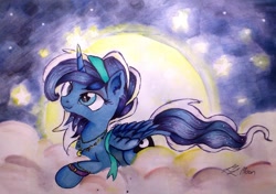 Size: 1024x722 | Tagged: safe, artist:lailyren, artist:moonlight-ki, imported from derpibooru, princess luna, alternate hairstyle, cloud, female, hairband, jewelry, moon, necklace, prone, solo, traditional art