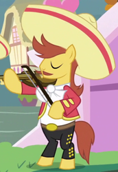 Size: 350x509 | Tagged: safe, imported from derpibooru, screencap, luis, earth pony, pony, it ain't easy being breezies, background pony, hat, male, mariachi, musical instrument, solo, stallion