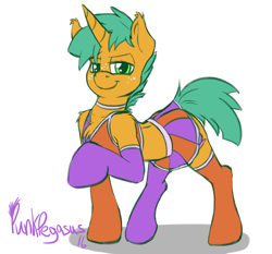Size: 1400x1302 | Tagged: safe, artist:punk-pegasus, imported from derpibooru, snails, 30 minute art challenge, cheerleader, clothes, crossdressing, femboy, freckles, glitter shell, male, raised hoof, socks, solo, trap