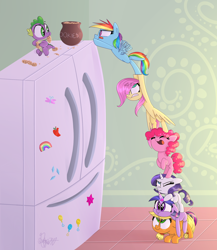 Size: 1920x2215 | Tagged: safe, artist:siggie740, imported from derpibooru, applejack, fluttershy, pinkie pie, rainbow dash, rarity, spike, twilight sparkle, dragon, earth pony, pegasus, pony, unicorn, baby, baby dragon, baby spike, cookie, cookie jar, cute, diapinkes, eyes closed, female, filly, filly applejack, filly fluttershy, filly pinkie pie, filly rainbow dash, filly rarity, filly twilight sparkle, food, freckles, jackabetes, male, mane seven, mane six, one eye closed, open mouth, puffy cheeks, raribetes, refrigerator, shyabetes, smiling, spikabetes, teamwork, teamwork is magic, tongue out, tower of pony, twiabetes, younger