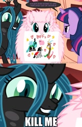Size: 622x960 | Tagged: safe, artist:mixermike622, edit, imported from derpibooru, discord, king sombra, queen chrysalis, twilight sparkle, oc, oc:fluffle puff, tumblr:ask fluffle puff, gritted teeth, image macro, kill me, meme