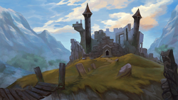 Size: 1280x720 | Tagged: dead source, safe, artist:maggwai, imported from derpibooru, castle of the royal pony sisters, cloud, cloudy, mountain, mountain range, no pony, ruins, scenery