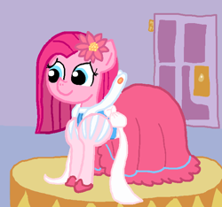 Size: 640x600 | Tagged: safe, artist:ficficponyfic, color edit, edit, edited edit, imported from derpibooru, pinkie pie, oc, oc:emerald jewel, colt quest, alternate color palette, bow, clothes, color, colored, colt, crossdressing, cute, cyoa, door, drag queen, dress, femboy, flower, flower in hair, male, pinkamena diane pie, recolor, ribbon, shoes, solo, trap