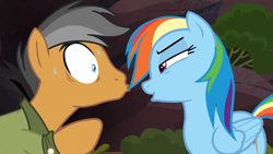 Size: 960x540 | Tagged: safe, edit, edited screencap, imported from derpibooru, screencap, quibble pants, rainbow dash, stranger than fan fiction, female, imminent kissing, male, quibbledash, shipping, straight