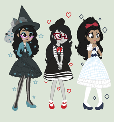 Size: 702x752 | Tagged: safe, artist:obeliskgirljohanny, artist:selenaede, imported from derpibooru, oc, oc only, oc:honey willow, oc:seraphim cyanne, oc:witch hazel, equestria girls, base used, glasses, lolita fashion