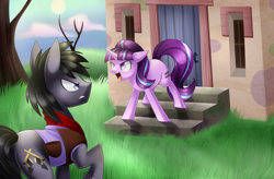 Size: 4406x2887 | Tagged: safe, artist:scarlet-spectrum, imported from derpibooru, starlight glimmer, oc, oc:peacemaker, absurd resolution, argument, clothes, commission, equal cutie mark, open mouth, raised hoof