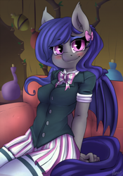 Size: 540x771 | Tagged: safe, artist:atane27, imported from derpibooru, oc, oc only, oc:dusk rhine, anthro, bat pony, bowtie, clothes, couch, cute, female, hair bow, looking at you, mare, nervous, rule 63, smiling, socks, solo, thigh highs