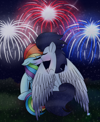 Size: 1024x1243 | Tagged: safe, artist:northlights8, imported from derpibooru, rainbow dash, soarin', pony, female, fireworks, kissing, male, shipping, soarindash, straight