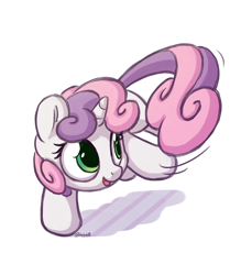 Size: 1100x1200 | Tagged: safe, artist:bobdude0, imported from derpibooru, sweetie belle, pony, unicorn, behaving like a cat, chasing own tail, cute, diasweetes, female, filly, kitty belle, open mouth, simple background, solo, white background