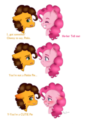 Size: 900x1197 | Tagged: safe, artist:arioodle, imported from derpibooru, cheese sandwich, pinkie pie, blushing, cheesepie, comic, dialogue, female, male, pun, shipping, simple background, straight, text, white background