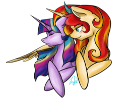 Size: 1024x803 | Tagged: safe, artist:lyx-d, imported from derpibooru, sunset shimmer, twilight sparkle, alicorn, pony, alicornified, alternate universe, female, grumpy, grumpy twilight, hug, lesbian, mare, older, race swap, shimmercorn, shipping, sunsetsparkle, teasing, twilight sparkle (alicorn), winghug