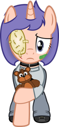 Size: 611x1307 | Tagged: safe, artist:applec1234, artist:cyberapple456, imported from derpibooru, oc, oc only, oc:faitholesia, pony, unicorn, bandaid, clothes, collar, eyepatch, five nights at freddy's, pants, scar, shoes, solo, t-shirt, teddy bear