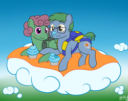 Size: 1000x787 | Tagged: safe, artist:phallen1, imported from derpibooru, oc, oc only, oc:software patch, oc:windcatcher, blanket, blushing, cloud, cupcake, food, glasses, messy eating, parachute, picnic, sky, windpatch