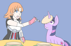 Size: 600x394 | Tagged: safe, artist:jonfawkes, imported from derpibooru, twilight sparkle, alicorn, human, pony, castle sweet castle, food, horn impalement, i'm pancake, nora valkyrie, pancakes, rwby, twilight sparkle (alicorn)