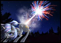 Size: 3044x2167 | Tagged: safe, artist:great-5, imported from derpibooru, oc, oc only, oc:stargazer, pony, unicorn, 4th of july, american independence day, explosion, explosive fart, face down ass up, fart, female, fireworks, lightmare, mare, murica, night, open mouth, patriotic, raised tail, smiling, solo, tail, united states