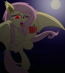 Size: 1600x1800 | Tagged: safe, artist:geraritydevillefort, imported from derpibooru, fluttershy, bat pony, pony, apple, fangs, female, floating, flutterbat, fruit, full moon, night sky, open mouth, red eyes, solo, stars, tongue out