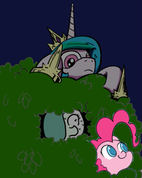 Size: 639x800 | Tagged: safe, artist:ficficponyfic, artist:lovelyneckbeard, artist:valcron, color edit, edit, edited edit, imported from derpibooru, pinkie pie, princess celestia, oc, oc:emerald jewel, colt quest, bush, color, colored, colt, frown, hiding, male, nervous, night, q&a, searching, sweat, wip