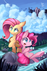 Size: 1280x1920 | Tagged: safe, artist:dshou, artist:kawaiipony2, imported from derpibooru, fluttershy, pinkie pie, pony, binoculars, canterlot, chest fluff, cute, diapinkes, duo, female, open mouth, shyabetes