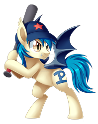 Size: 1600x2030 | Tagged: safe, artist:centchi, imported from derpibooru, oc, oc only, oc:moonshot, bat pony, pony, baseball bat, baseball cap, hat, solo, watermark