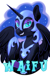 Size: 825x1275 | Tagged: safe, artist:halley-valentine, artist:hobbes-maxwell, imported from derpibooru, nightmare moon, pony, blushing, female, grin, heart, heart eyes, looking at you, mare, smiling, solo, waifu, waifu badge, wingding eyes