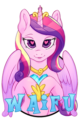 Size: 825x1275 | Tagged: safe, artist:halley-valentine, artist:hobbes-maxwell, imported from derpibooru, princess cadance, alicorn, pony, blushing, crystal heart, female, heart eyes, looking at you, loving gaze, mare, smiling, solo, waifu, waifu badge, wingding eyes