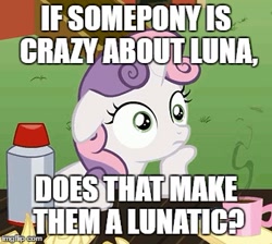 Size: 349x313 | Tagged: safe, imported from derpibooru, sweetie belle, exploitable meme, female, image macro, meme, pondering, pun, solo, sudden clarity sweetie belle, thinking
