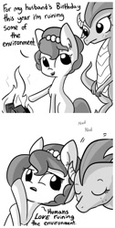 Size: 560x1110 | Tagged: safe, artist:tjpones, imported from derpibooru, oc, oc only, oc:brownie bun, oc:dragon wife, dragon, earth pony, pony, horse wife, comic, dialogue, dragoness, duo, environmental damage, eyes closed, female, fire, freckles, grayscale, mare, monochrome, nodding, nodding knowingly, open mouth, simple background, slice of life, social commentary, truth, white background