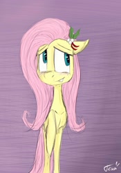 Size: 1162x1663 | Tagged: safe, artist:ratann, imported from derpibooru, fluttershy, blushing, female, holly, holly mistaken for mistletoe, looking away, mistleholly, nervous grin, raised hoof, solo, standing