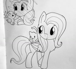 Size: 1175x1071 | Tagged: safe, artist:tjpones, imported from derpibooru, fluttershy, cat, pony, black and white, grayscale, kitten, lineart, monochrome, traditional art