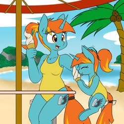 Size: 1280x1280 | Tagged: safe, artist:rice, imported from derpibooru, oc, oc only, oc:swift note, anthro, pony, anthro ponidox, anthro with ponies, armpits, beach, clothes, female, food, ice cream, mare, one-piece swimsuit, swimsuit