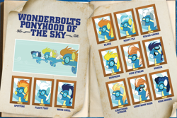 Size: 1796x1200 | Tagged: safe, imported from derpibooru, blaze, fire streak, fleetfoot, high winds, lightning dash, lightning streak, misty fly, silver lining, silver zoom, soarin', spitfire, surprise, wave chill, pegasus, pony, the wonderbolts academy handbook, clothes, merchandise, official, photo, uniform, wonderbolts uniform