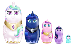 Size: 2992x1876 | Tagged: safe, artist:meskitt, imported from derpibooru, princess cadance, princess celestia, princess flurry heart, princess luna, twilight sparkle, alicorn, pony, :|, alicorn pentarchy, matryoshka, matryoshka doll, twilight sparkle (alicorn), wat, wtf