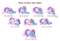 Size: 1762x1190 | Tagged: safe, artist:raridashdoodles, imported from derpibooru, rainbow dash, rarity, pegasus, pony, unicorn, angry, blushing, breath, cheek kiss, comic, cross-popping veins, cute, dashabetes, duo, eyes closed, eyeshadow, female, forehead kiss, glasses, heart, hoof kissing, horn, horn kissing, kiss on the horn, kiss on the lips, kissing, laughing, lesbian, makeup, mare, open mouth, punch, raribetes, raridash, shipping, shove, simple background, smiling, sparkles, spread wings, sunglasses, teasing, ways to kiss your mare, white background