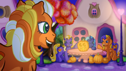 Size: 1024x576 | Tagged: safe, artist:anscathmarcach, imported from derpibooru, abra-ca-dabra, pumpkin tart, oc, oc:candy corn cascade, oc:genesis, food, g3, halloween, house, jack-o-lantern, pumpkin, table