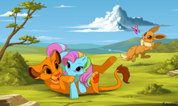 Size: 900x540 | Tagged: safe, artist:kamirah, imported from derpibooru, rainbow dash, rainbow dash (g3), big cat, butterfly, eevee, lion, crossover, cute, g3, g3 dashabetes, paw pads, pokémon, simba, the lion king