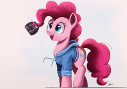 Size: 1609x1125 | Tagged: safe, artist:ncmares, imported from derpibooru, pinkie pie, earth pony, pony, chest fluff, clothes, coffee, coffee mug, cup, cute, diapinkes, female, fluffy, hoodie, mare, ncmares is trying to murder us, open mouth, pinkie found the coffee, prehensile mane, raised leg, signature, simple background, smiling, solo, walking, white background