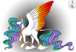 Size: 6500x4500 | Tagged: safe, artist:thedudegamer, imported from derpibooru, princess celestia, absurd resolution, claws, colored wings, female, multicolored wings, redesign, signature, simple background, solo, unshorn fetlocks