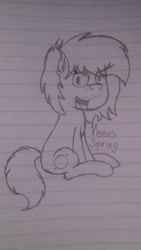 Size: 3264x1836 | Tagged: safe, artist:smwhack, imported from derpibooru, oc, oc only, oc:venus spring, lined paper, monochrome, smiling, solo, traditional art