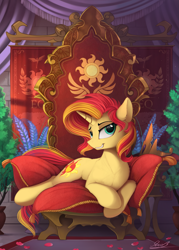 Size: 1785x2500 | Tagged: safe, artist:yakovlev-vad, imported from derpibooru, sunset shimmer, pony, unicorn, banner, bedroom eyes, chair, chest fluff, cute, ear fluff, featured image, female, floppy ears, fluffy, grin, looking at you, lying down, lying on pillows, mare, paint tool sai, pillow, praise the sunset, prone, royalty, shimmerbetes, signature, slim, smiling, smirk, smugset shimmer, solo, throne