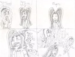 Size: 1019x784 | Tagged: safe, artist:sapphire42, imported from derpibooru, adagio dazzle, aria blaze, sonata dusk, equestria girls, comic, dialogue, food, grayscale, monochrome, rage, screaming, sketch, sonataco, taco, taco bell, the dazzlings, traditional art, vulgar