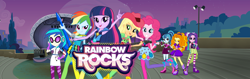 Size: 1920x609 | Tagged: safe, imported from derpibooru, adagio dazzle, applejack, aria blaze, dj pon-3, pinkie pie, rainbow dash, sonata dusk, twilight sparkle, vinyl scratch, equestria girls, rainbow rocks, bass guitar, female, guitar, looking at you, musical instrument, official, stage, the dazzlings