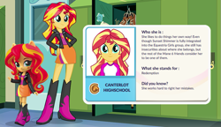 Size: 885x510 | Tagged: safe, imported from derpibooru, sunset shimmer, equestria girls, legend of everfree, app, boots, clothes, doll, door, eqg profiles, equestria girls minis, female, high heel boots, irl, jacket, leather jacket, lockers, photo, shoes, skirt, toy