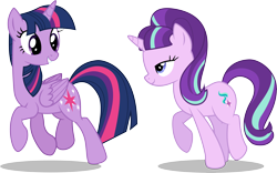 Size: 10312x6440 | Tagged: safe, artist:illumnious, imported from derpibooru, starlight glimmer, twilight sparkle, alicorn, pony, the cutie re-mark, .ai available, absurd resolution, bedroom eyes, duo, female, friends are always there for you, lesbian, looking at each other, shipping, simple background, student, teacher, teacher and student, transparent background, trotting, twilight sparkle (alicorn), twistarlight, vector