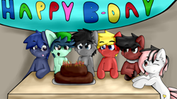 Size: 6188x3471 | Tagged: safe, artist:sherfur, imported from derpibooru, oc, oc only, oc:daybreak, oc:flick, oc:noxington nocte, oc:pouncer, oc:scoots, oc:tal, birthday, cake, food, happy