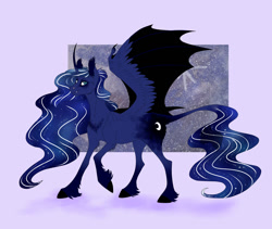 Size: 1024x863 | Tagged: safe, artist:biakela, imported from derpibooru, princess luna, bat wings, female, hybrid wings, looking at you, solo, spread wings, unshorn fetlocks