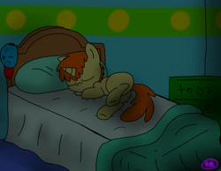 Size: 2700x2100 | Tagged: safe, artist:spice5400, imported from derpibooru, oc, oc only, baseball cap, bed, bedroom, blanket, colt, hat, male, needs more jpeg, sleeping, solo, toy chest, toybox