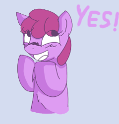 Size: 241x251 | Tagged: safe, imported from derpibooru, berry punch, berryshine, earth pony, pony, blue background, blushing, dialogue, female, open mouth, reaction image, simple background, smiling, solo, yes