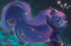 Size: 1224x792 | Tagged: safe, artist:katotter, imported from derpibooru, princess luna, female, relaxing, solo, space, sparkly mane